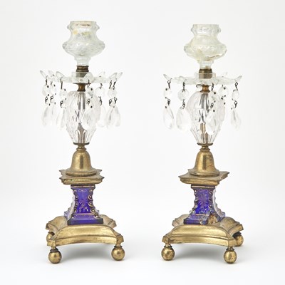 Lot 227 - Pair of Glass and Brass Candlesticks