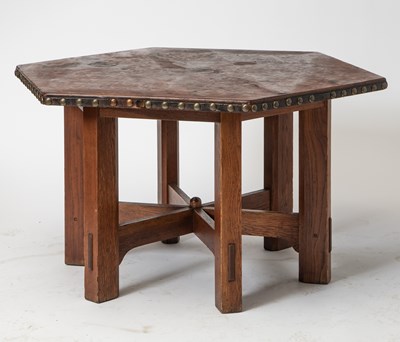 Lot 141 - Gustav Stickley Oak, Leather and Brass "Model 624" Hexagonal Library Table