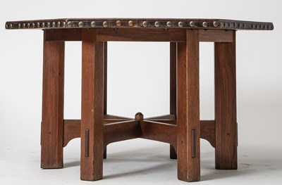 Lot 141 - Gustav Stickley Oak, Leather and Brass "Model 624" Hexagonal Library Table