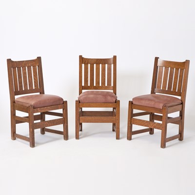 Lot 148 - Three L. & J.G. Stickley Upholstered Oak "V-Back" Side Chairs