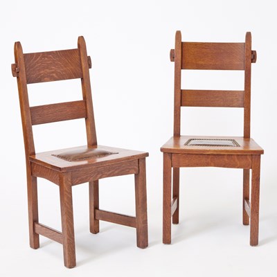 Lot 147 - Pair of Gustav Stickley Oak and Leather “Model 1291 Rabbit Ear” Side Chairs