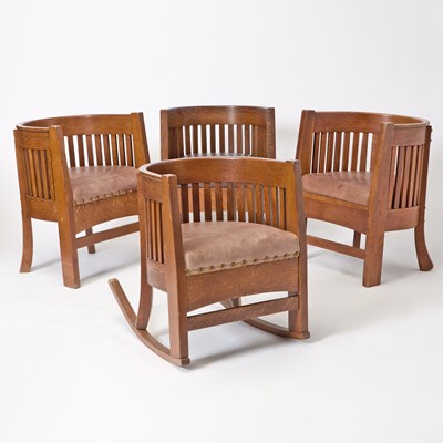 Lot 145 - Four Plail Brothers Arts & Crafts Oak Barrel Back Chairs