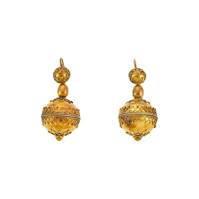 Lot 1174 - Pair of Etruscan Revival Gold Ball Pendant-Earrings