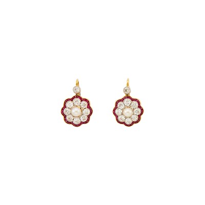 Lot 2245 - Pair of Antique Gold, Platinum, Diamond, Ruby and Pearl Pendant-Earrings