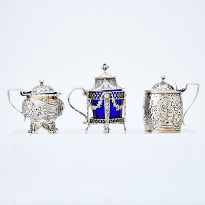 Lot 229 - Three Sterling Silver and Blue Glass Mustard Pots