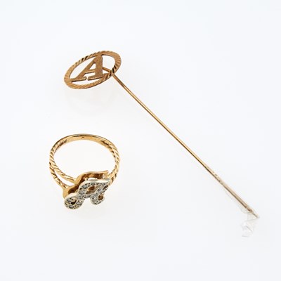 Lot 60 - Diamond Initial Ring and Gold Pin, 14K 3 dwt.