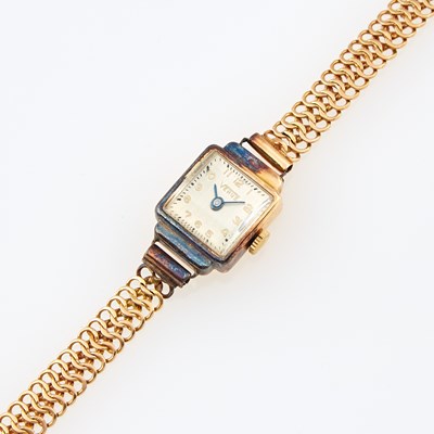 Lot 171 - Ladys Gold Wrist Watch, 17 Jewels, Swiss with gold band attached, 18K 11 dwt. all