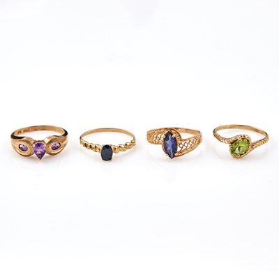 Lot 242 - Four Gold and Stone Rings, 10K 5 dwt. all