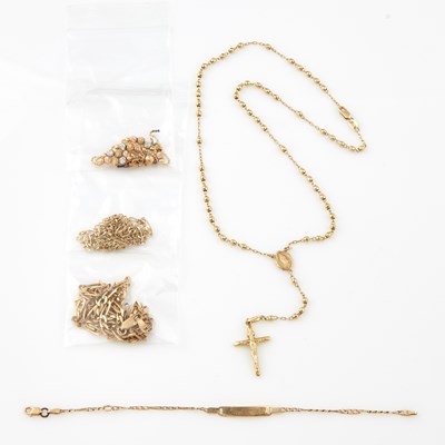 Lot 342 - Gold Rosary, Two Neck Chains and Two Flexible Bracelets, 14K 18 dwt., damaged