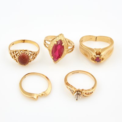 Lot 343 - Diamond Ring, Four Gold and Stone Rings, 14K 17 dwt. all, stone missing, damaged