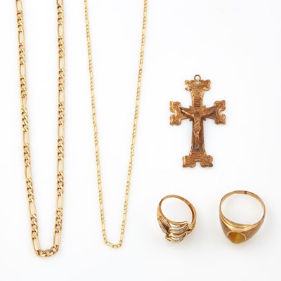 Lot 345 - Diamond Ring, Gold and Stone Ring, Pendant and Two Neck Chains, 10K 12 dwt. all, damaged