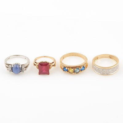 Lot 357 - Four Gold and Stone Rings, 14K 10 dwt. all