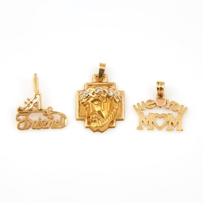 Lot 360 - Three Gold and Stone Pendants, 14K 2 dwt. all