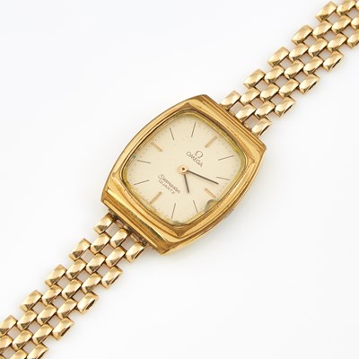 Lot 377 - Ladys Gold Wrist Watch, Omega, Seamaster, Quartz  with gold band attached, 18K and 14K 18 dwt. all