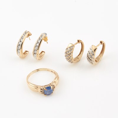 Lot 379 - Four Diamond Earrings and Gold and Stone Ring, 14K 4 dwt. and 10K 3 dwt. all