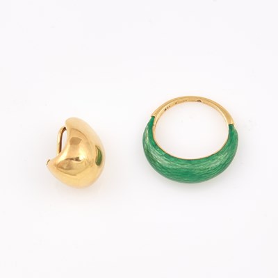 Lot 425 - Gold and Enamel Ring and Earring, 18K 5 dwt. all