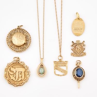 Lot 444 - Seven Gold and Stone Pendants and Two Neck Chains, 14K 16 dwt. and 10K 2 dwt. all, damaged