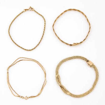 Lot 448 - Four Gold Flexible Bracelets, 14K 11 dwt.