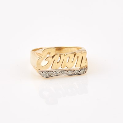 Lot 475 - Diamond Name Ring, 14K 4 dwt.