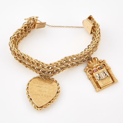 Lot 500 - Gold Charm Bracelet with 2 gold, stone and bead charms attached, 14K 60 dwt. all