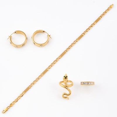 Lot 565 - Two Gold and Stone Rings, Anklet and Two Earrings, 14K 19 dwt. all