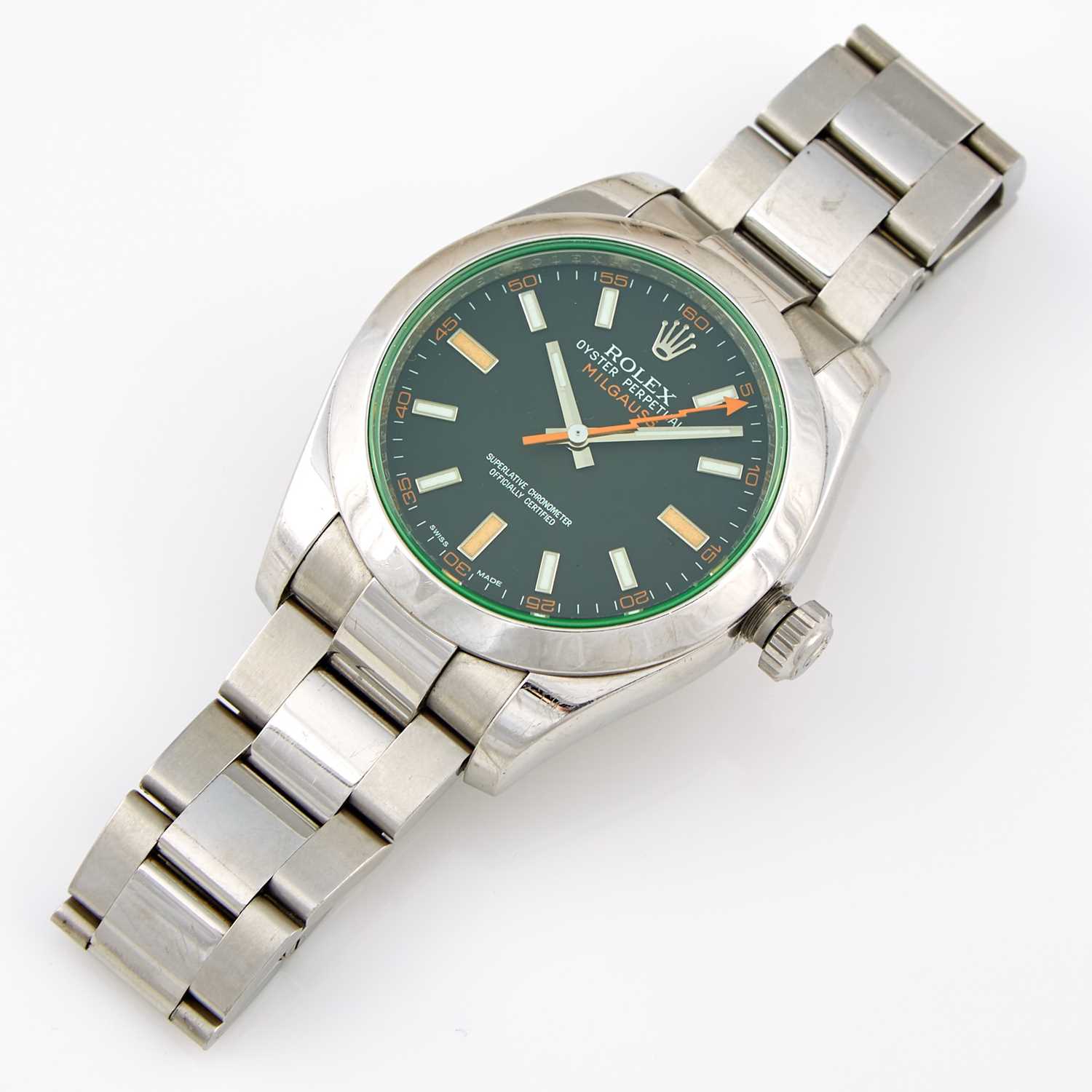 Lot 570 - Mans Metal Bracelet Watch, 31 Jewels, Rolex, Milgauss, 40mm with box and papers