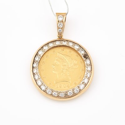 Lot 574 - Diamond Coin Pendant, 27 diamonds about 1.90 cts., 22K and 10K 19 dwt., all, stone missing