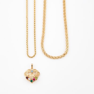 Lot 607 - Gold and Stone Pendant and Two Neck Chains, 14K 13 dwt. all