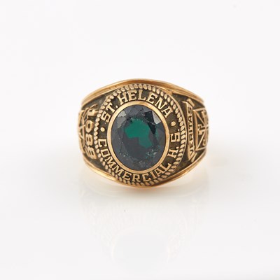 Lot 616 - Gold and Stone School Ring, 10K 11 dwt. all