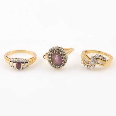 Lot 619 - Three Diamond and Stone Rings, 14K 8 dwt. all