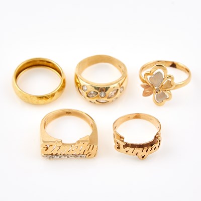 Lot 651 - Diamond Name Ring and Four Gold and Stone Rings, 18K 1 dwt. and 14K 13 dwt. all