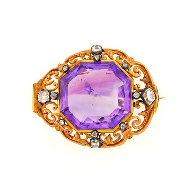 Lot 2190 - Rose Gold, Silver, Amethyst and Diamond Brooch