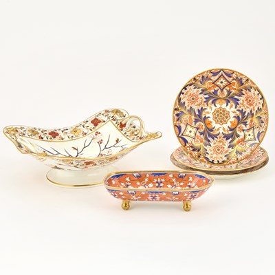 Lot 576 - Three Derby Porcelain Imari Plates, a Derby Two-Handled Bowl and a Boat-Shaped Serving Dish