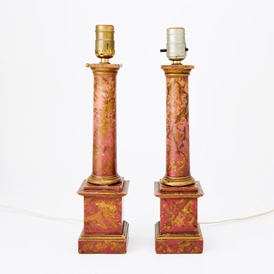 Lot 281 - Pair of Parcel-Gilt Faux Marble Painted Columnar Table Lamps