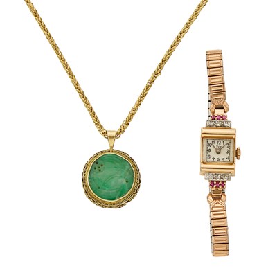 Lot 2433 - Gold and Carved Jade Pendant with Chain Necklace and Retro Rose Gold, Diamond and Ruby Wristwatch