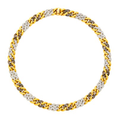 Lot 44 - Two-Color Gold, Oxidized Steel and Diamond Curb Link Chain Necklace