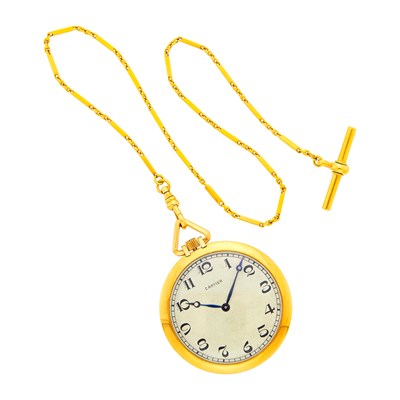 Lot 38 - Cartier, European Watch & Clock Co. Gold Open Face Pocket Watch with Fob Chain