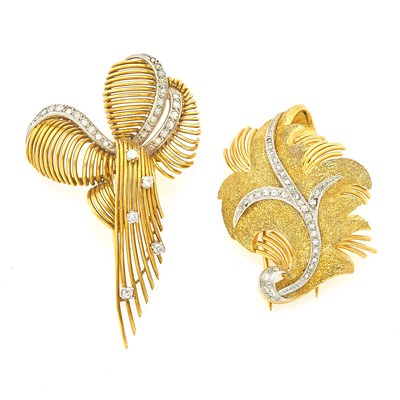 Lot 1095 - Two Two-Color Gold and Diamond Brooches