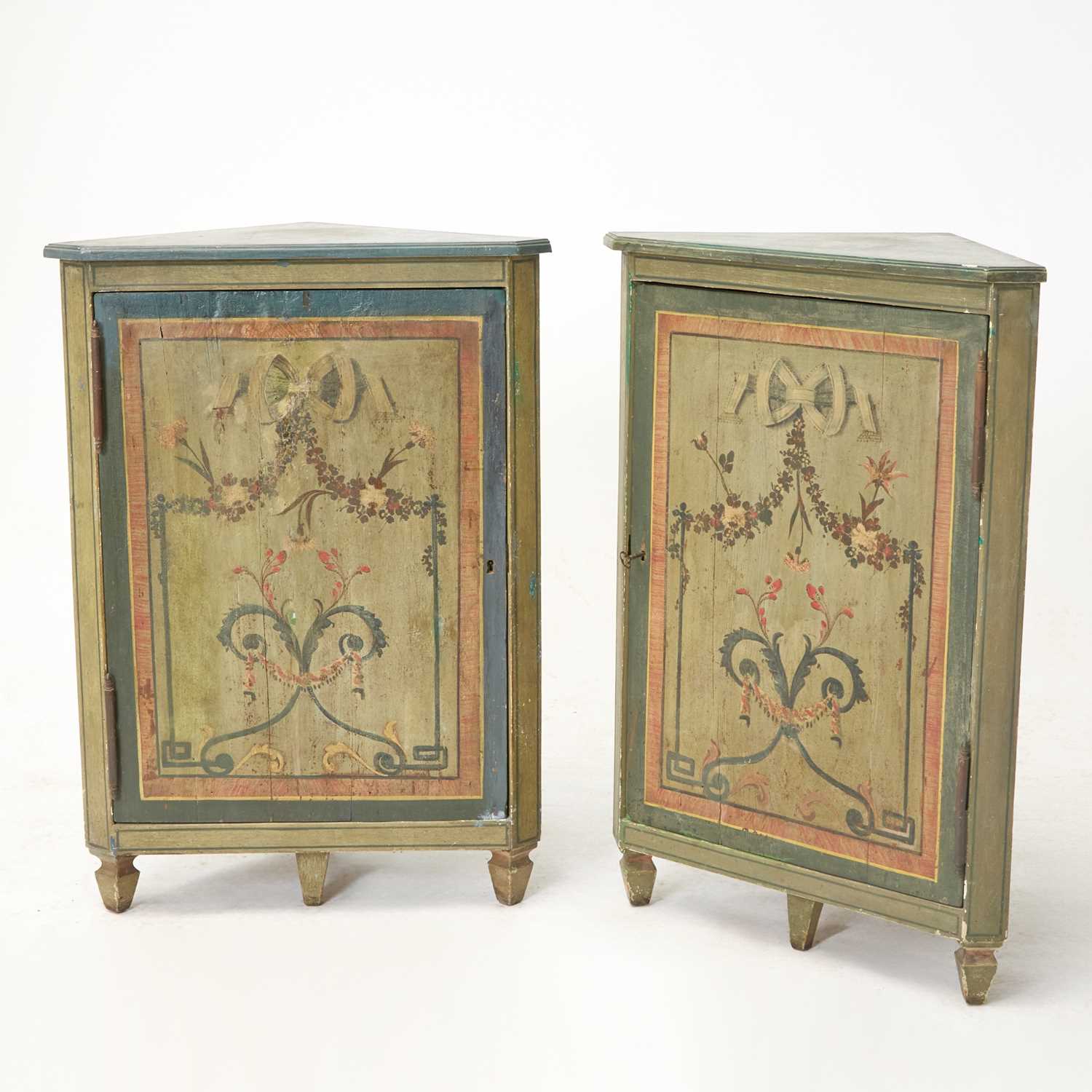 Lot 585 - Pair of Italian Neoclassical Style Polychrome Painted Corner Cabinets