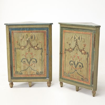 Lot 585 - Pair of Italian Neoclassical Style Polychrome Painted Corner Cabinets