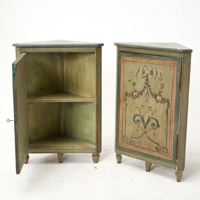 Lot 585 - Pair of Italian Neoclassical Style Polychrome Painted Corner Cabinets