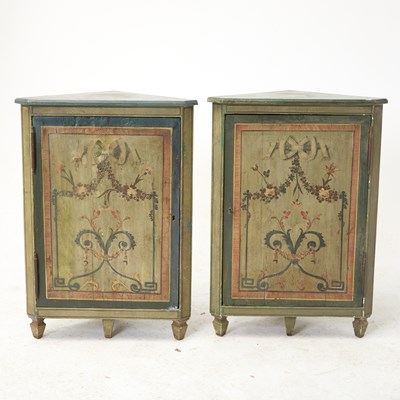 Lot 585 - Pair of Italian Neoclassical Style Polychrome Painted Corner Cabinets