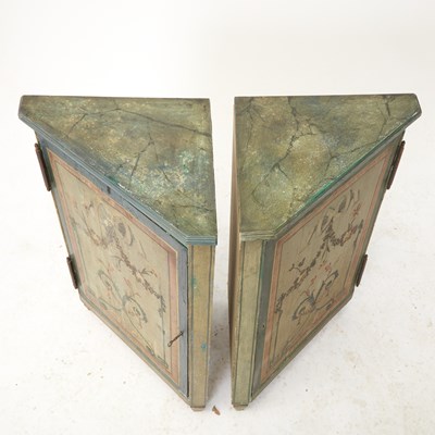 Lot 585 - Pair of Italian Neoclassical Style Polychrome Painted Corner Cabinets