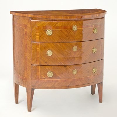 Lot 553 - Italian Neoclassical Satinwood Inlaid Walnut and Tulipwood Demilune Commode