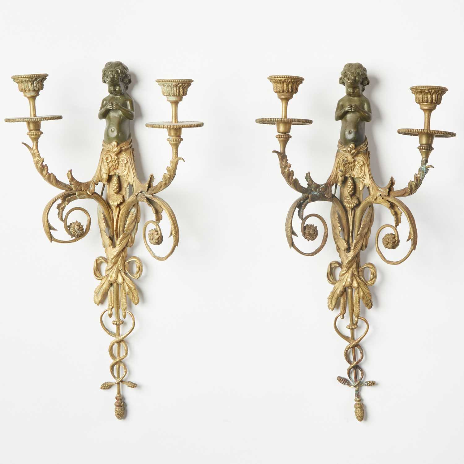 Lot 488 - Pair of Louis XVI Style Patinated and Gilt-Bronze Two-Branch Wall-Lights