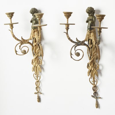 Lot 488 - Pair of Louis XVI Style Patinated and Gilt-Bronze Two-Branch Wall-Lights