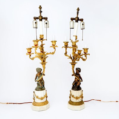 Lot 203 - Pair of Louis XV Style Gilt Bronze and Marble Candelabra Mounted Lamps