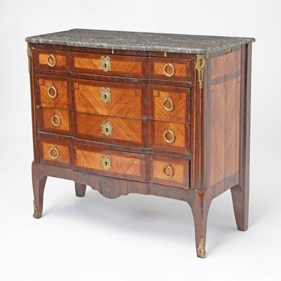 Lot 158 - Louis XV / XVI Transitional Style Marble Top Inlaid Kingwood Commode