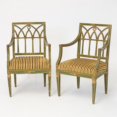 Lot 554 - Pair of Italian Parcel-Gilt Green Painted Armchairs