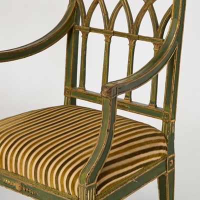 Lot 554 - Pair of Italian Parcel-Gilt Green Painted Armchairs